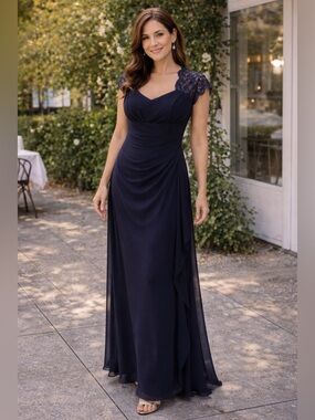 Xscape Navy Lace Cap-Sleeve Chiffon Evening Gown. SIZE 10